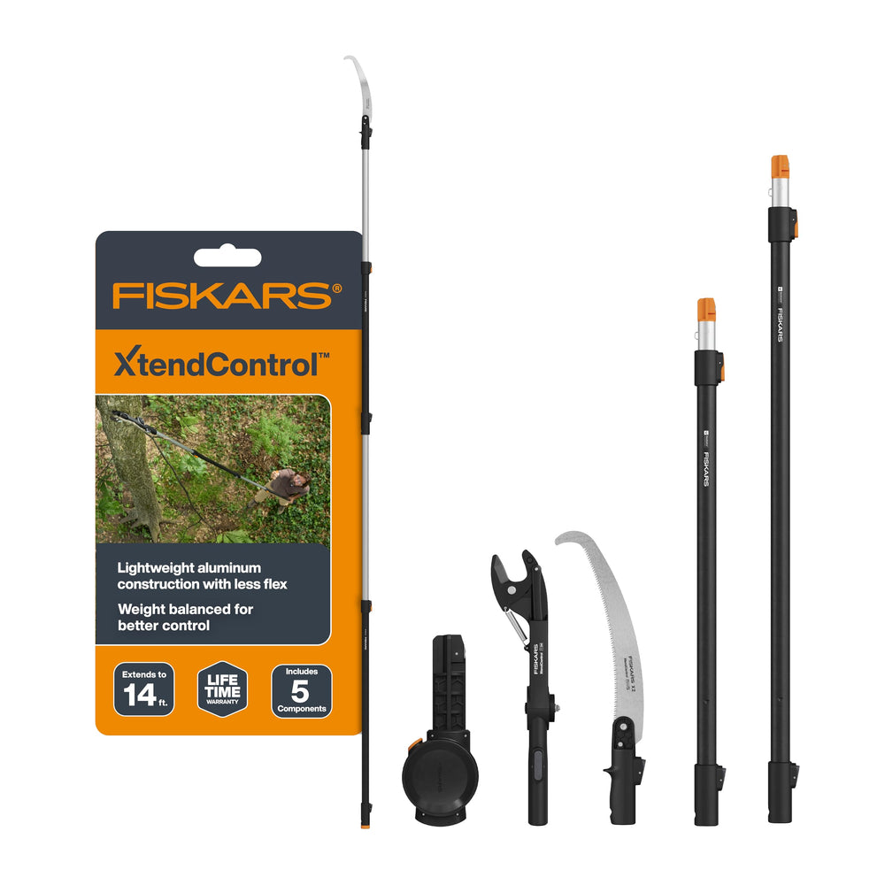 Fiskars front packaging showing modular pruner set and included components for versatile trimming