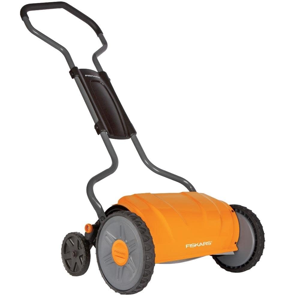 Fiskars front view of 17-inch push mower showing compact frame and wheels, easy handling benefit