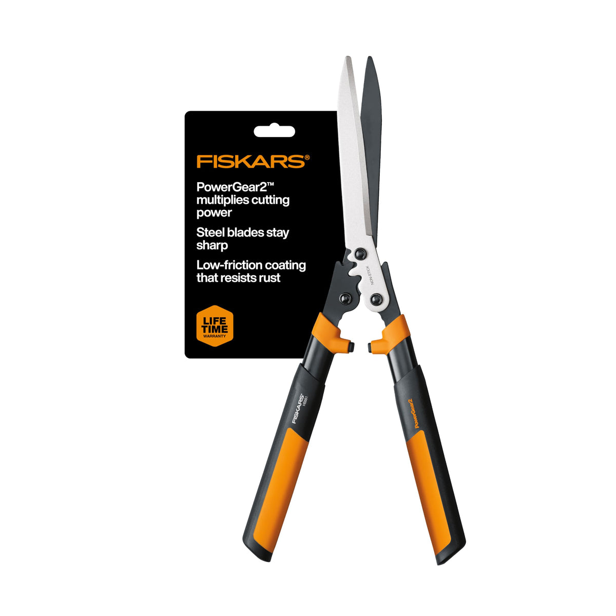 Fiskars front view closed hedge shears showing full length and balance benefit