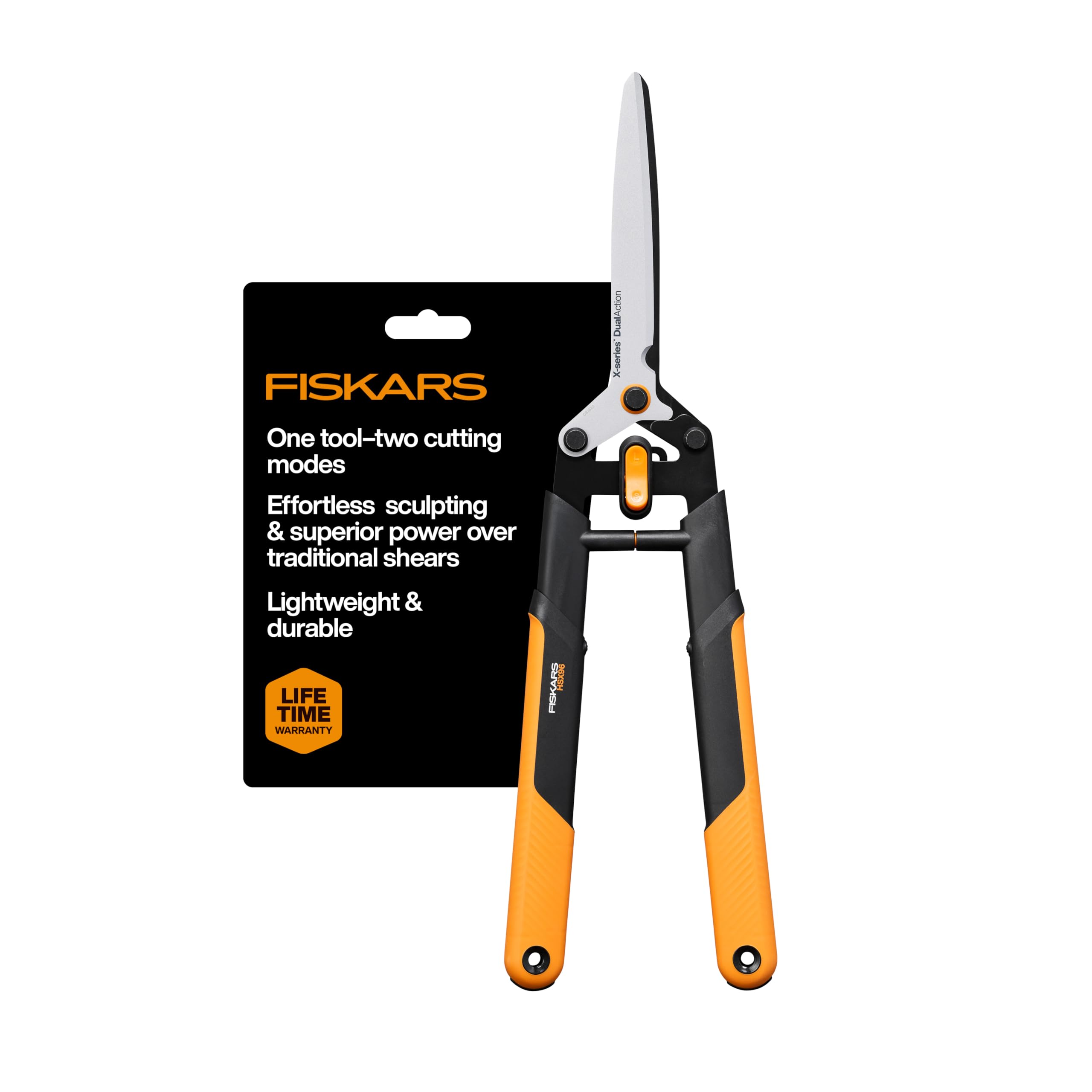 Fiskars front view of shears showing full 25-inch profile and balance