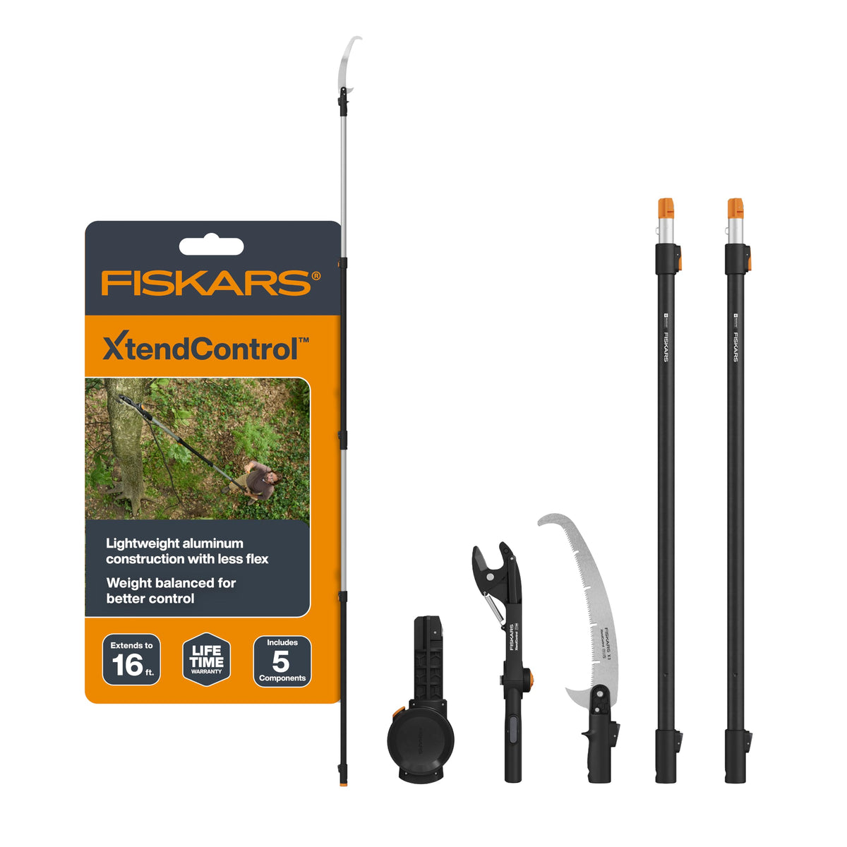 Fiskars front view of complete extendable pole pruner showing compact comfort