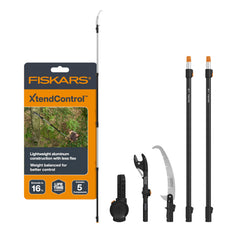 Fiskars front view of complete extendable pole pruner showing compact comfort