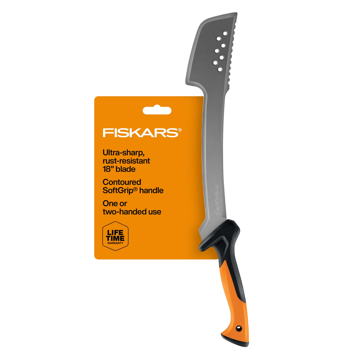 Fiskars front view showing full 28-inch machete axe and balanced design for power