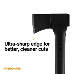 Fiskars full-length axe beside stump illustrating 28-inch scale advantage