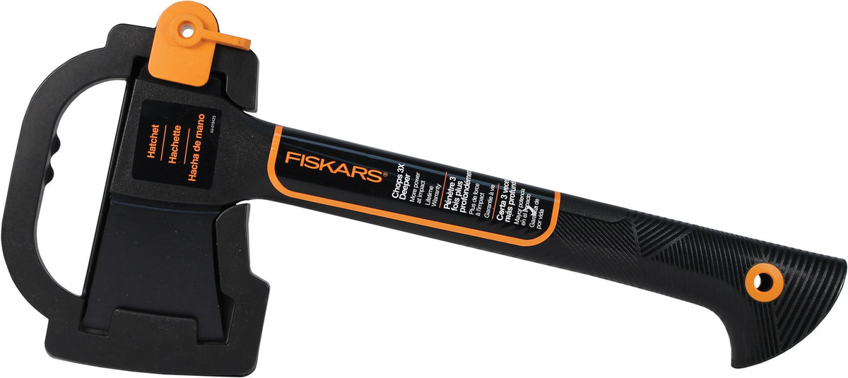 Fiskars hatchet front view with sheath showing compact carry and safe storage benefits
