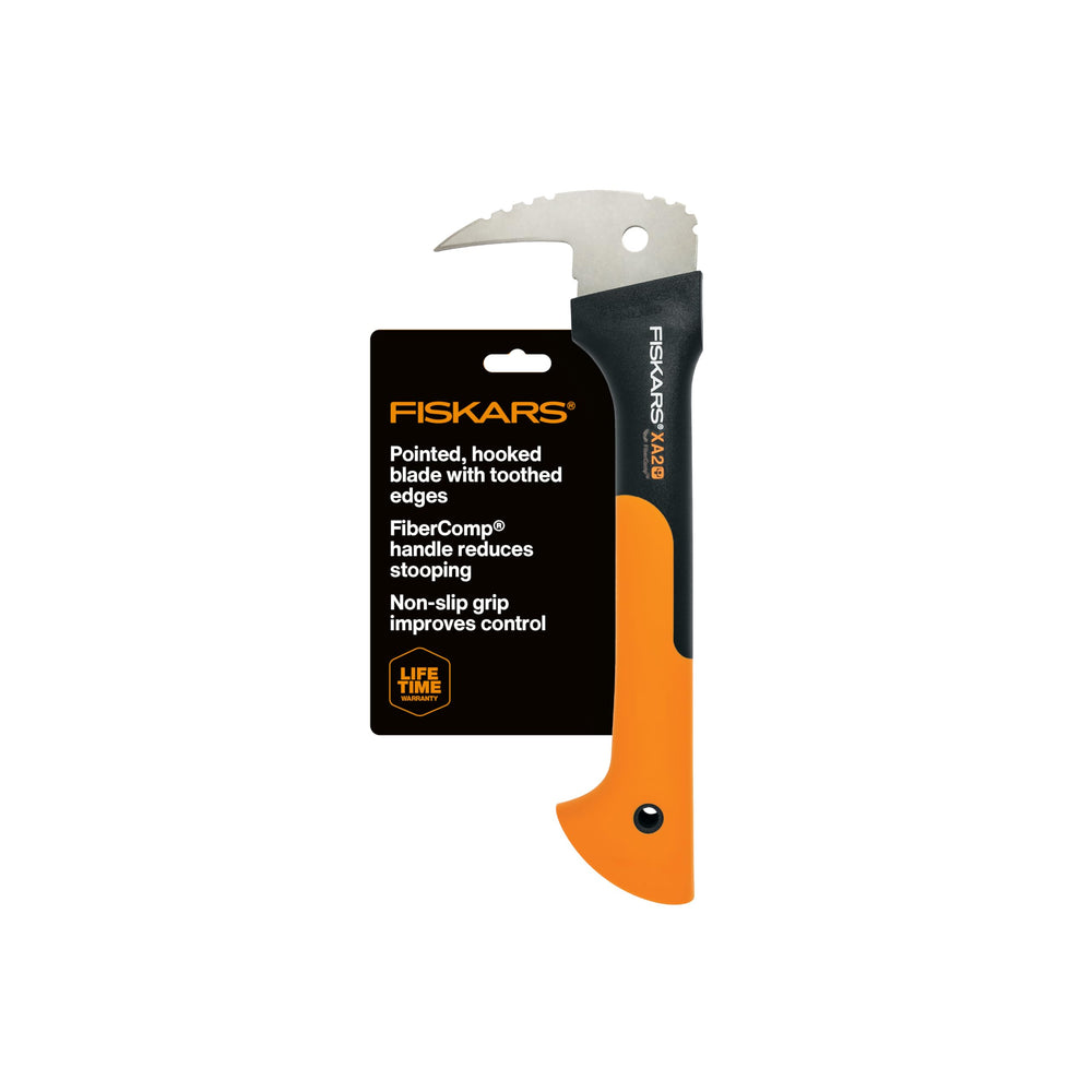 Fiskars front view of Hookaroon showing compact design and hook — safer wood handling