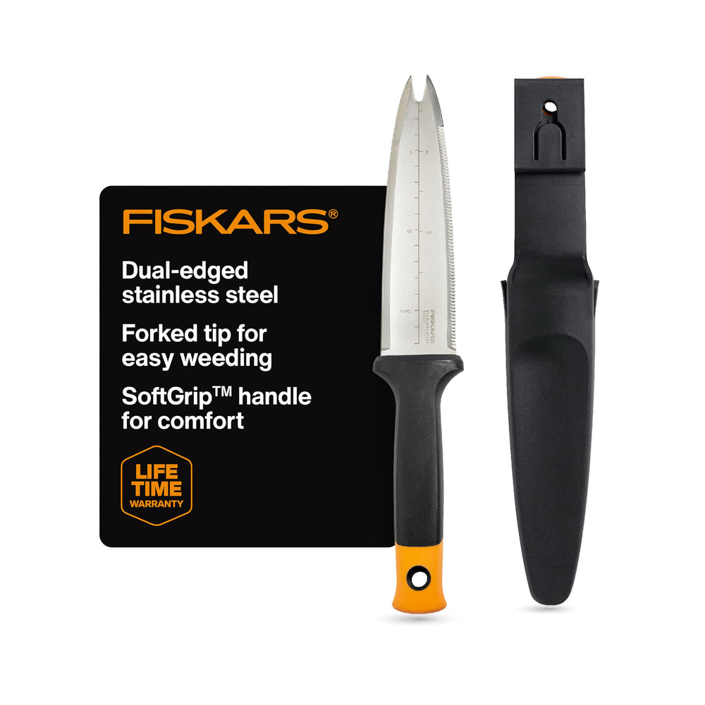 Fiskars Hori Hori front view showing full tool and sheath for easy carrying