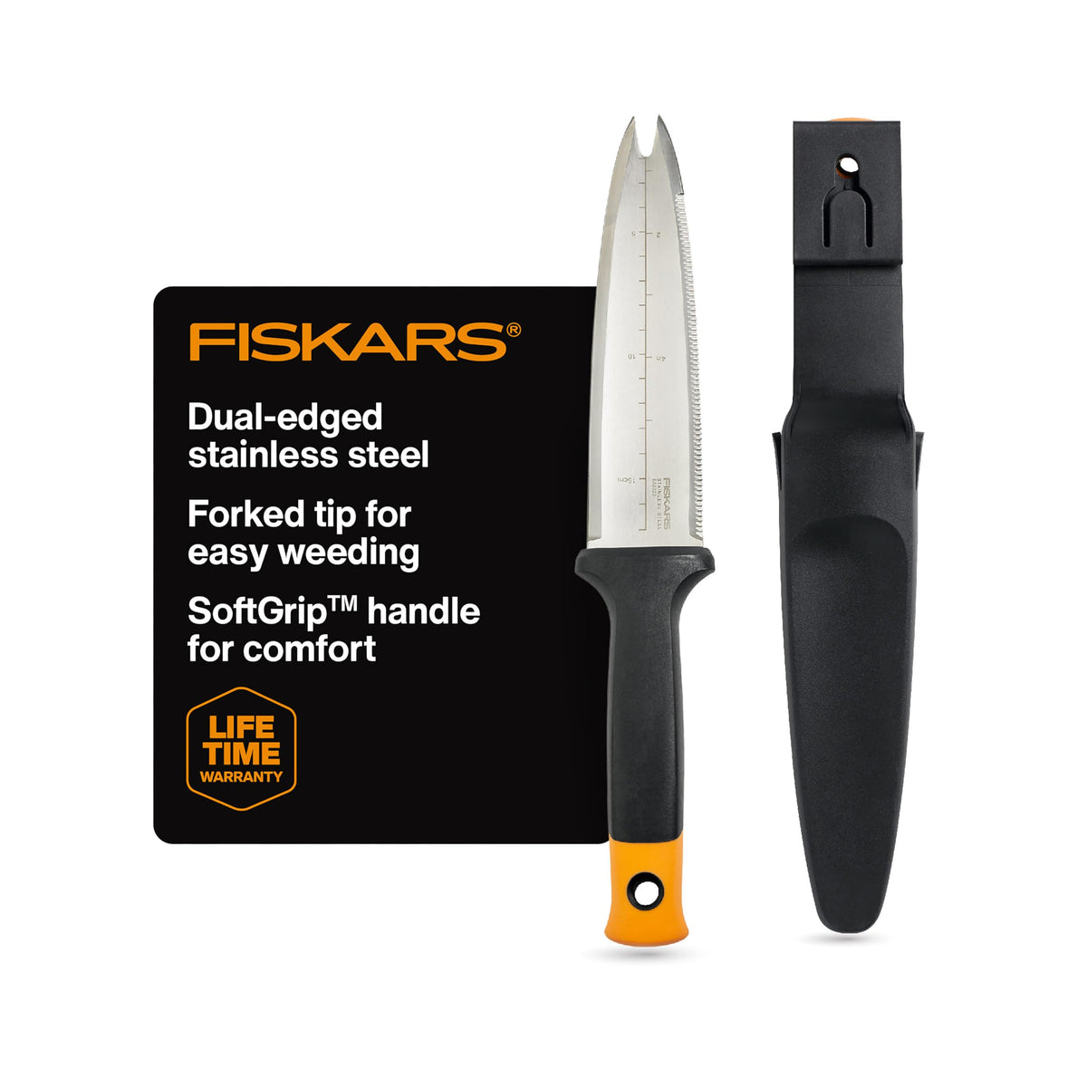 Fiskars Hori Hori front view showing full tool and sheath for easy carrying