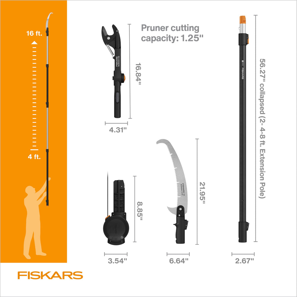 Fiskars in-use image cutting a high branch for safer ladder-free pruning