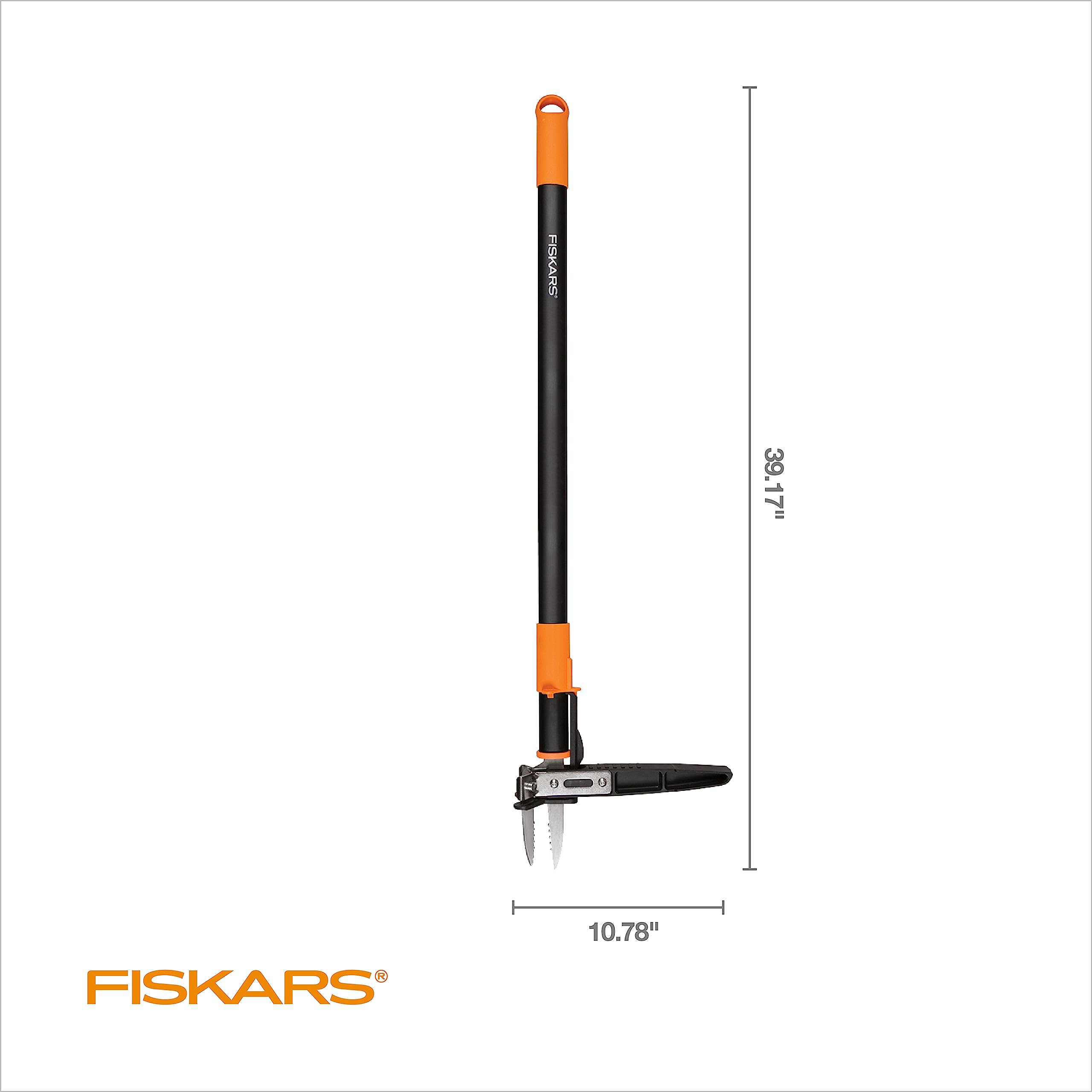 Fiskars tool in use removing a dandelion demonstrating root extraction benefit