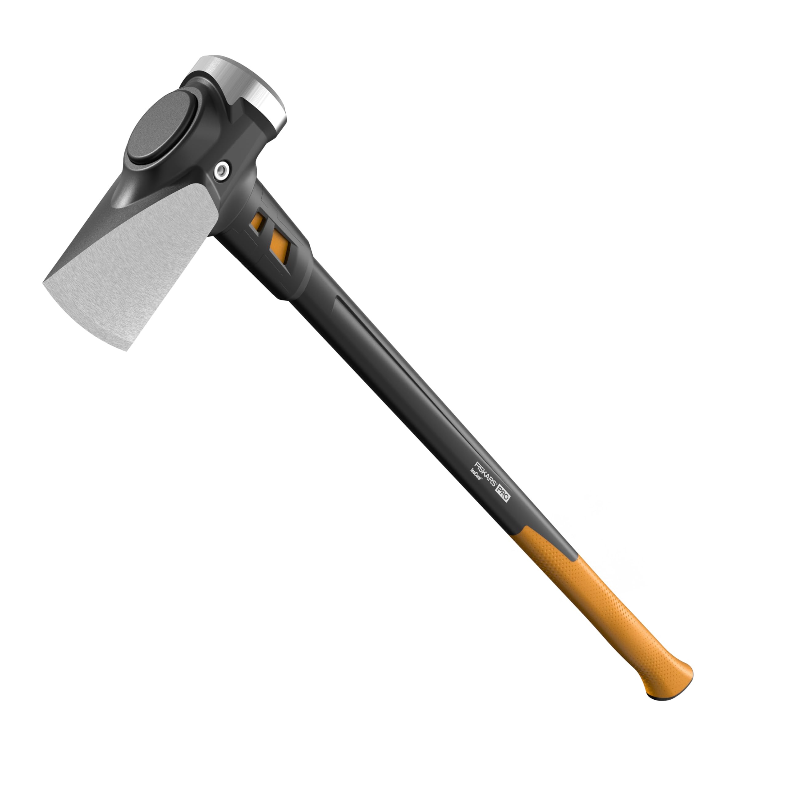 Fiskars Pro maul front view showing full 36" length and heavy head, enables powerful splits
