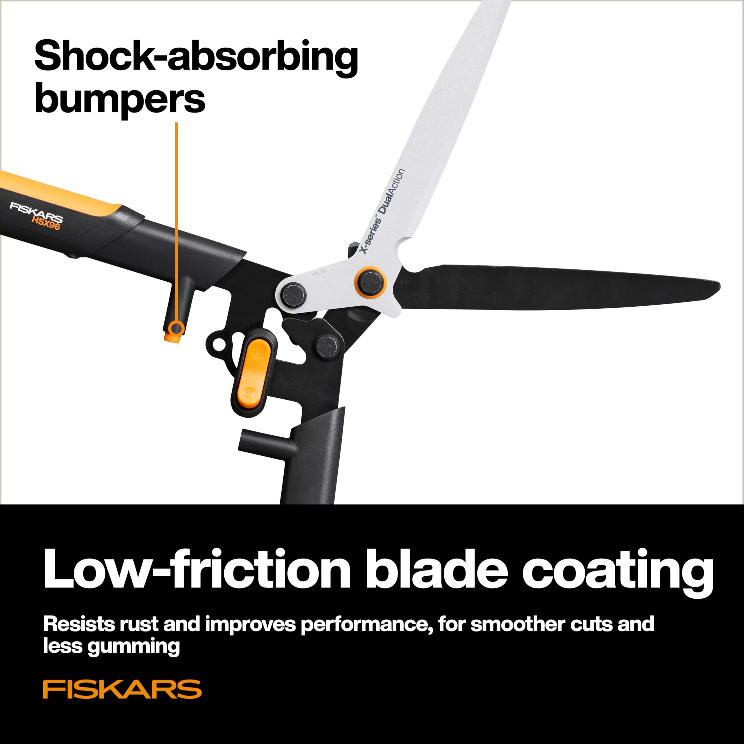 Fiskars packaging label showing dual-action features and specs