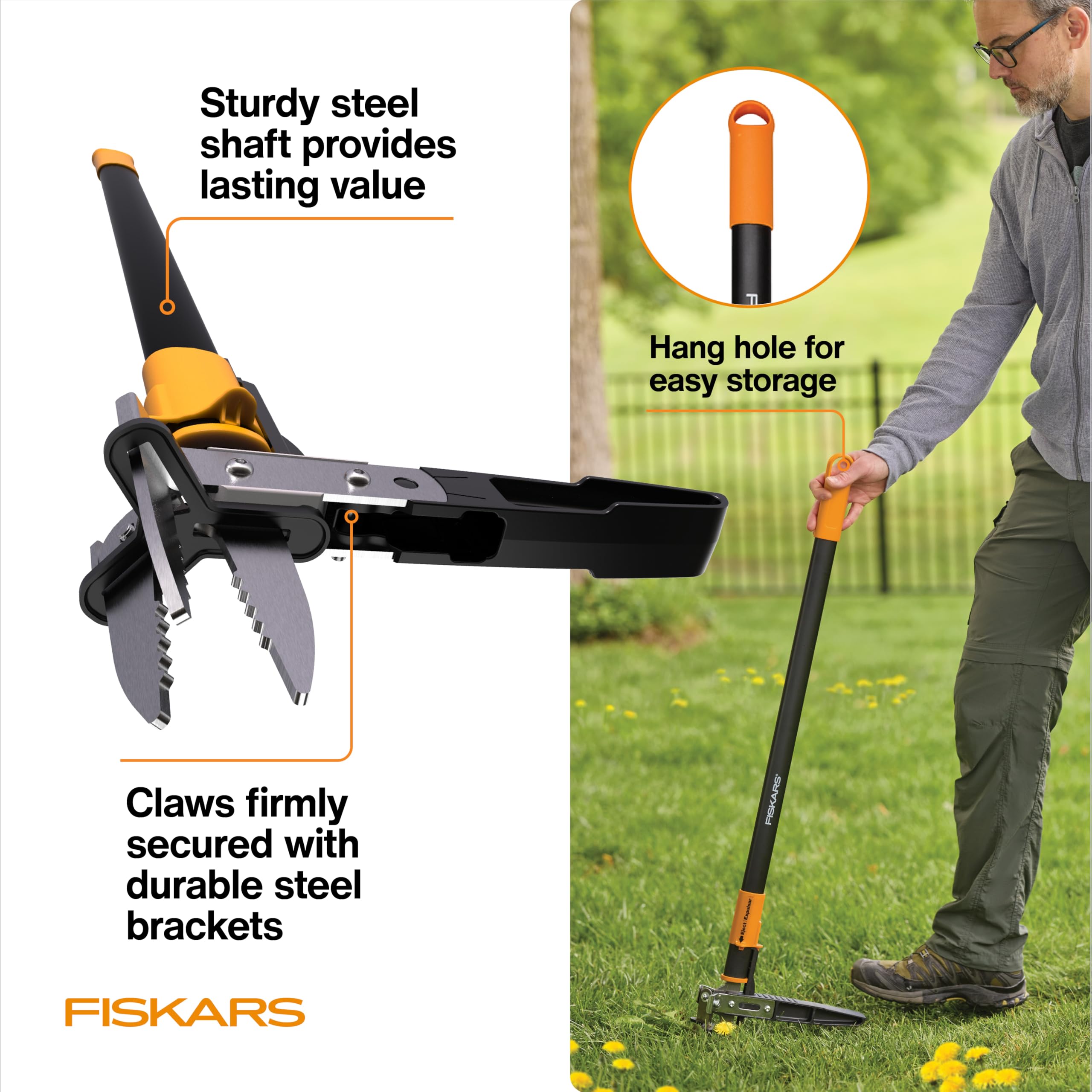 Fiskars scale comparison with hand illustrating lightweight 39-inch reach