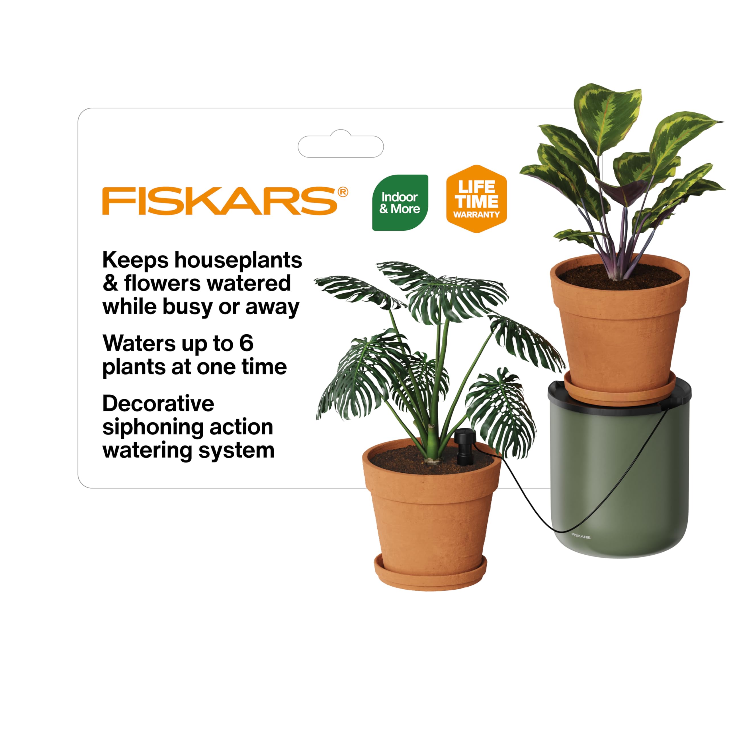 Fiskars front view of lifewell system showing elegant jug and stand benefits tidy watering