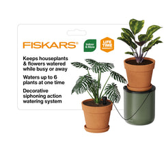Fiskars front view of lifewell system showing elegant jug and stand benefits tidy watering
