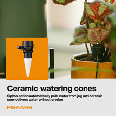 Fiskars layout of 33-inch siphon hoses showing long reach for multiple plants benefit