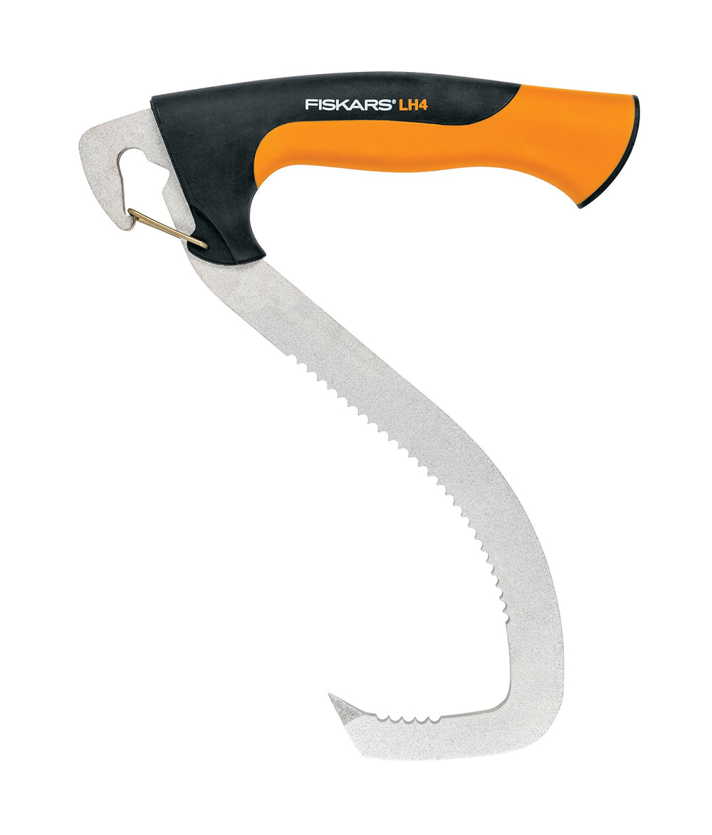 Fiskars log hook front view showing full tool and holster for easy transport