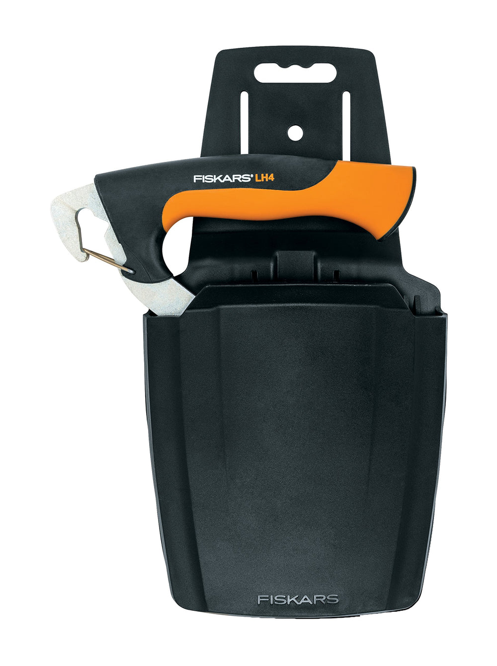 Fiskars hook detail biting bark, demonstrating secure grip and durable steel