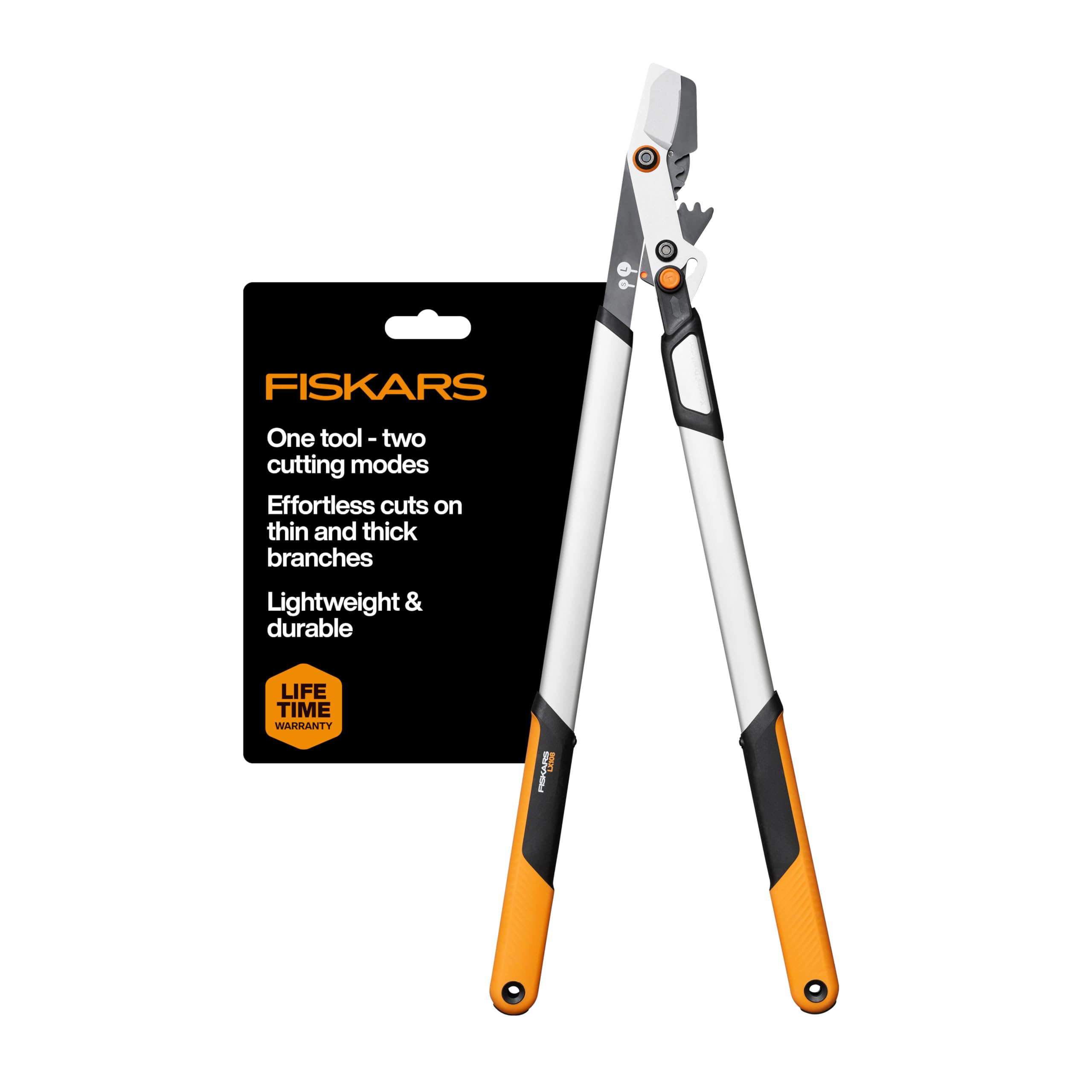 Fiskars loppers front view showing full 32 inch reach and balance