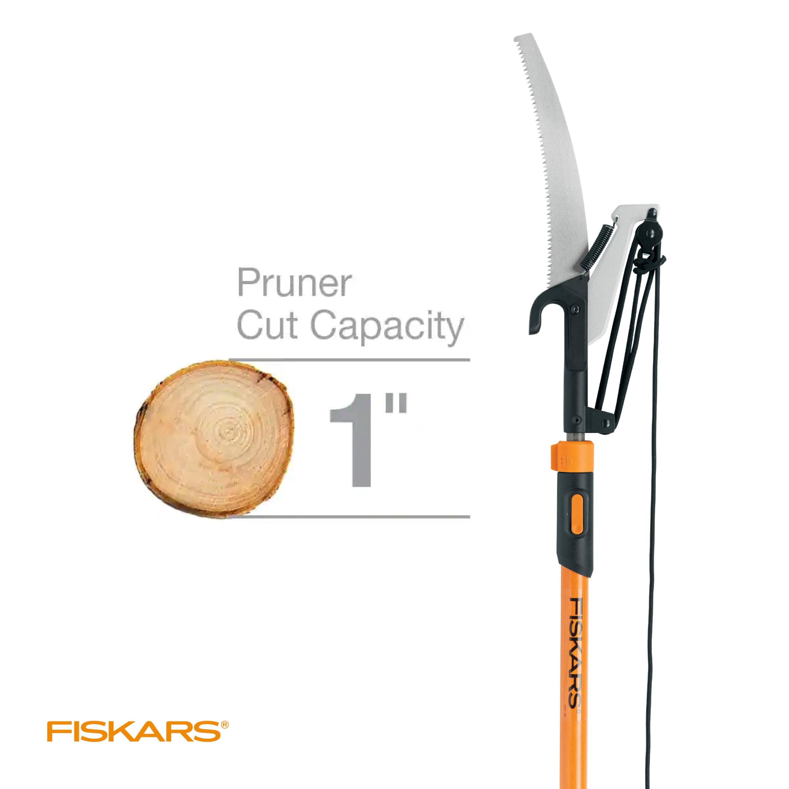 Fiskars pértiga extendida hasta 12 pies mostrando escala y alcance