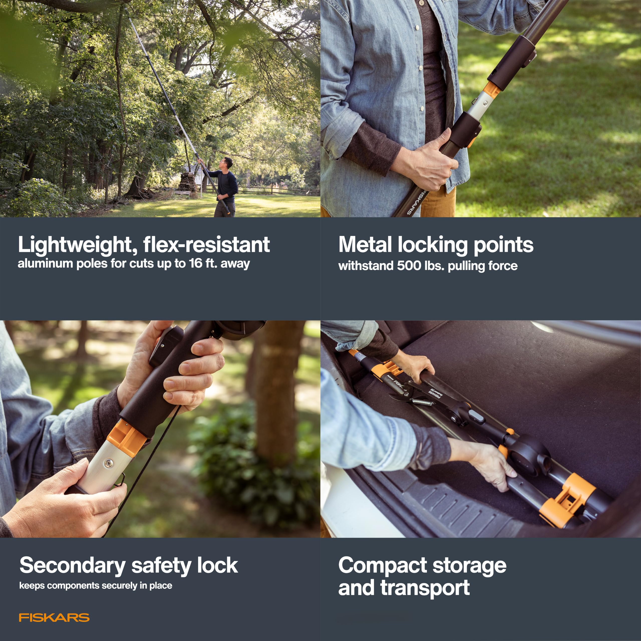 Fiskars poles fully extended to 16 ft for high-branch reach demonstration