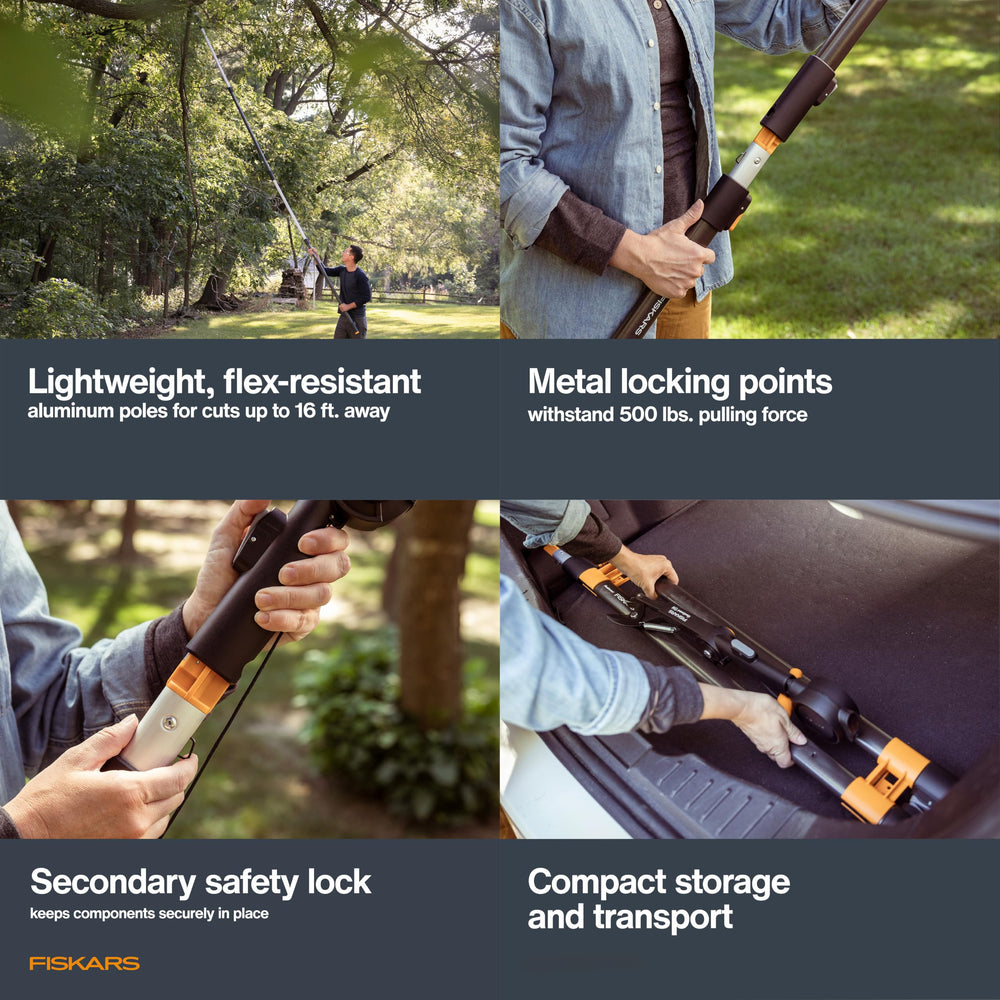 Fiskars poles fully extended to 16 ft for high-branch reach demonstration