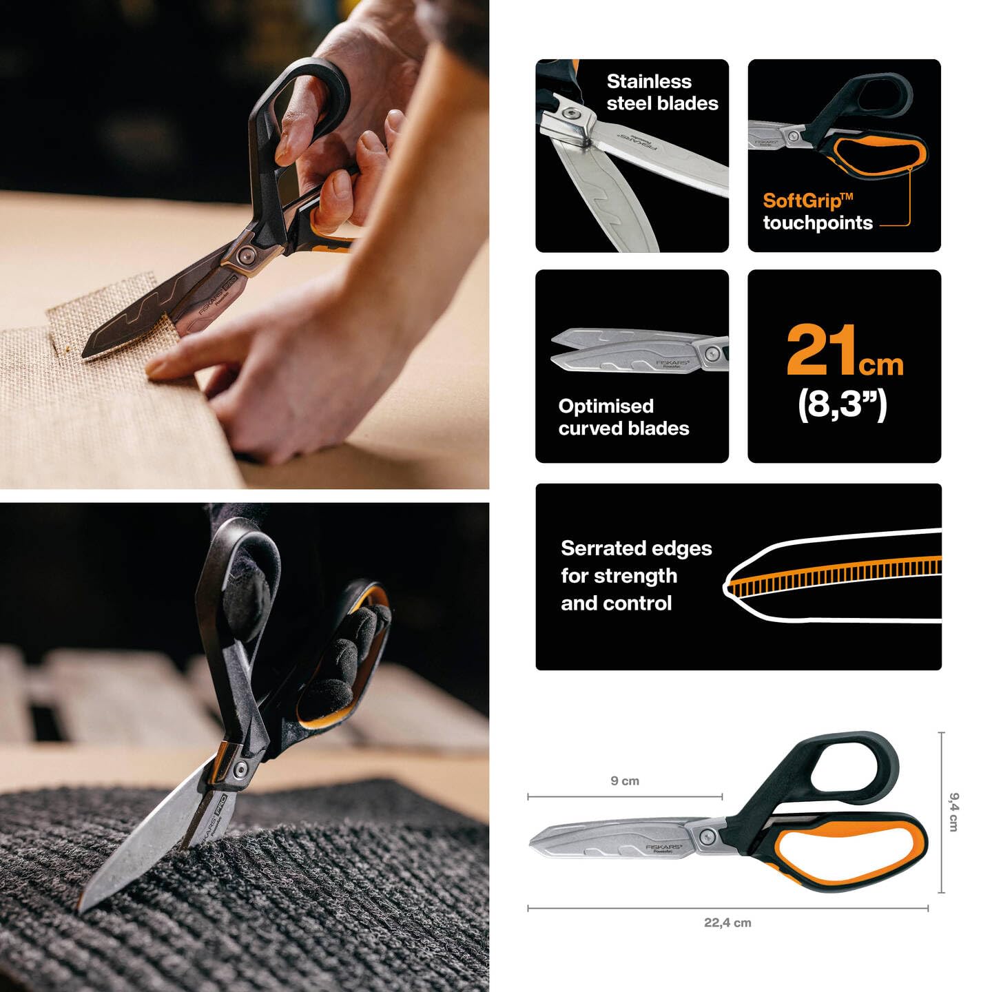 Fiskars blade close-up highlighting stainless steel durability benefit