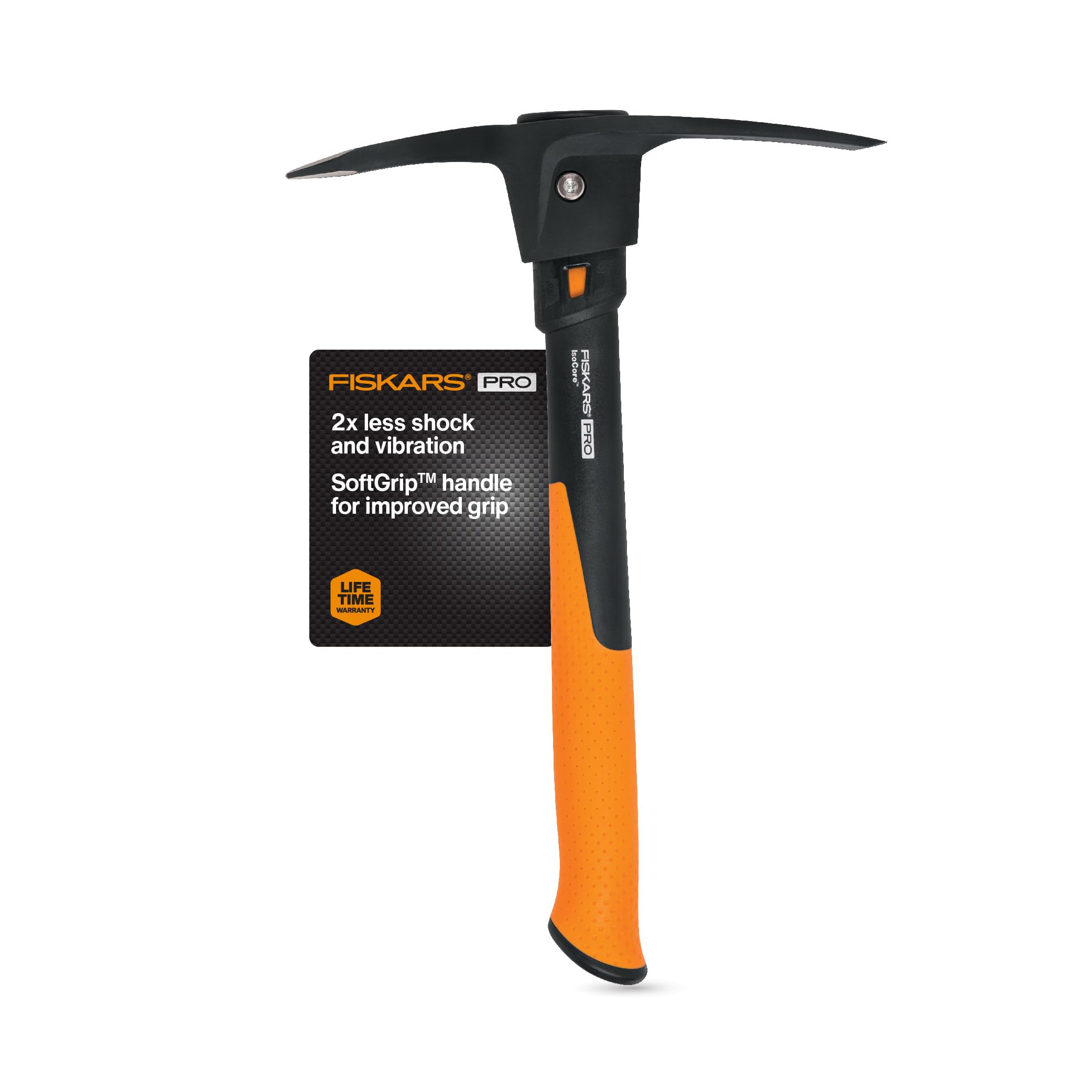 Fiskars Pro IsoCore front view showing 2-in-1 pick and mattock for versatile digging