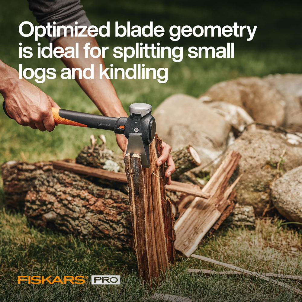 Fiskars maul splitting a log outdoors demonstrating efficient one-strike splits