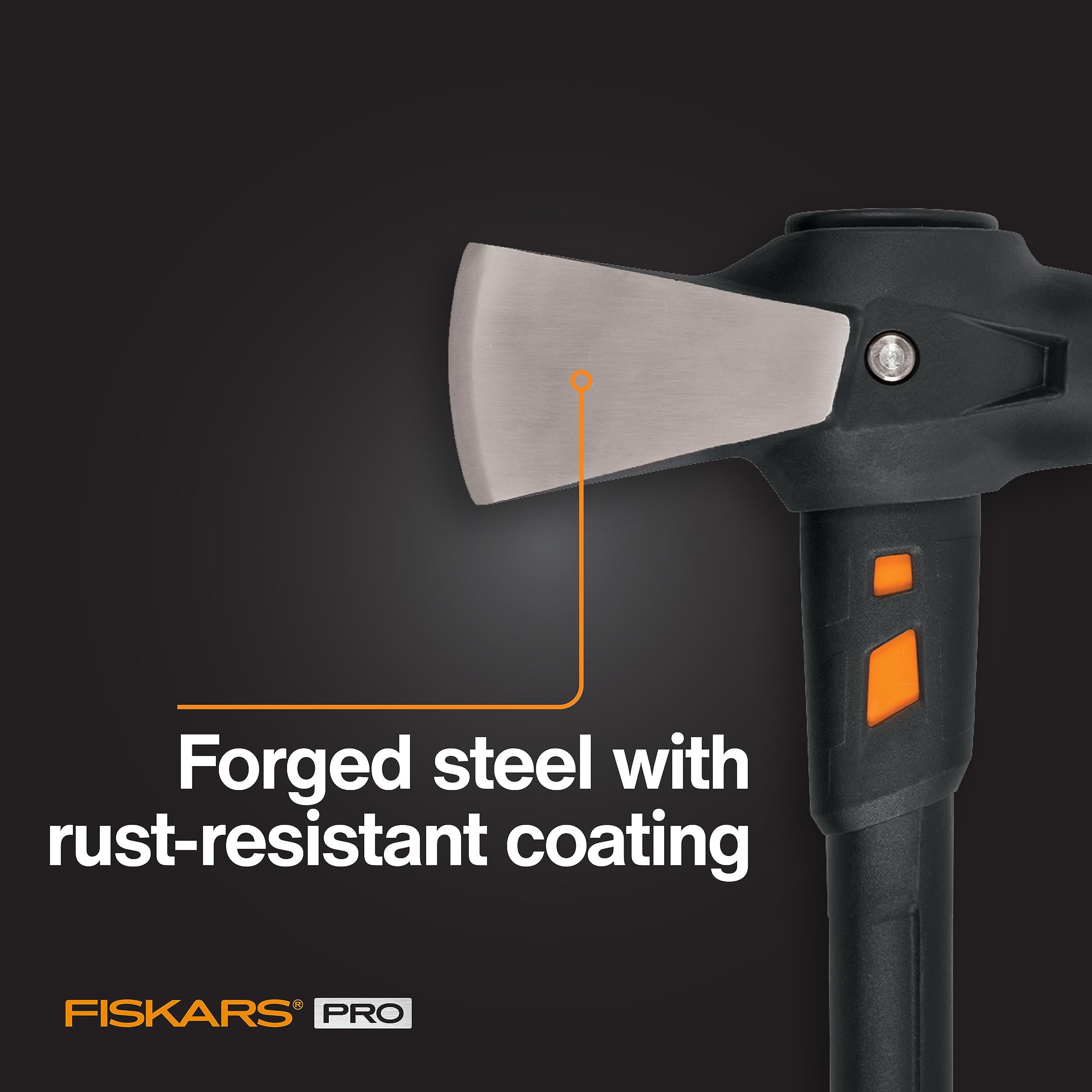 Fiskars driving face close shot demonstrating wedge-strike capability for versatility