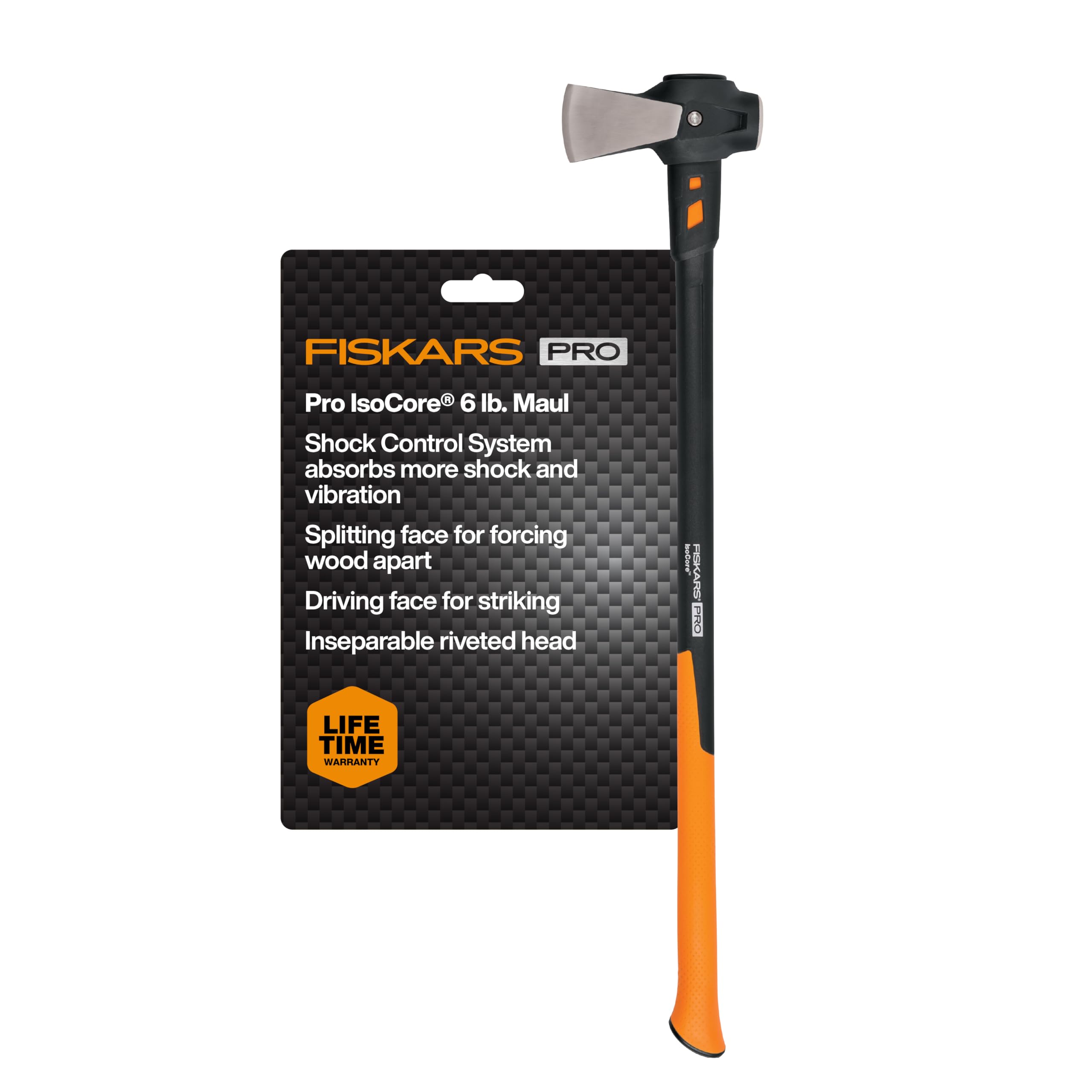 Fiskars Pro maul front view showing robust head and long handle benefit durability