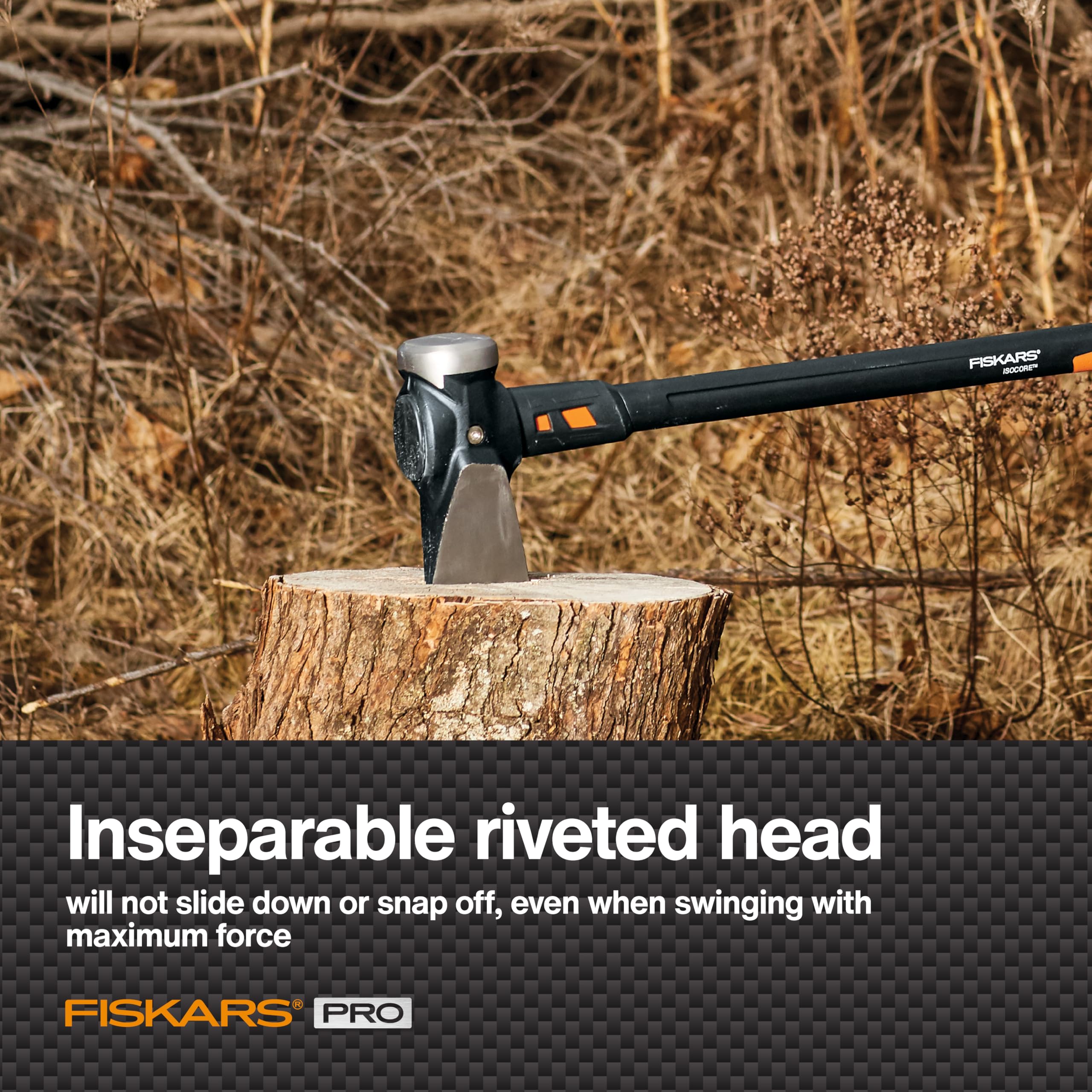 Fiskars forged steel head detail highlighting blade geometry for efficient splitting