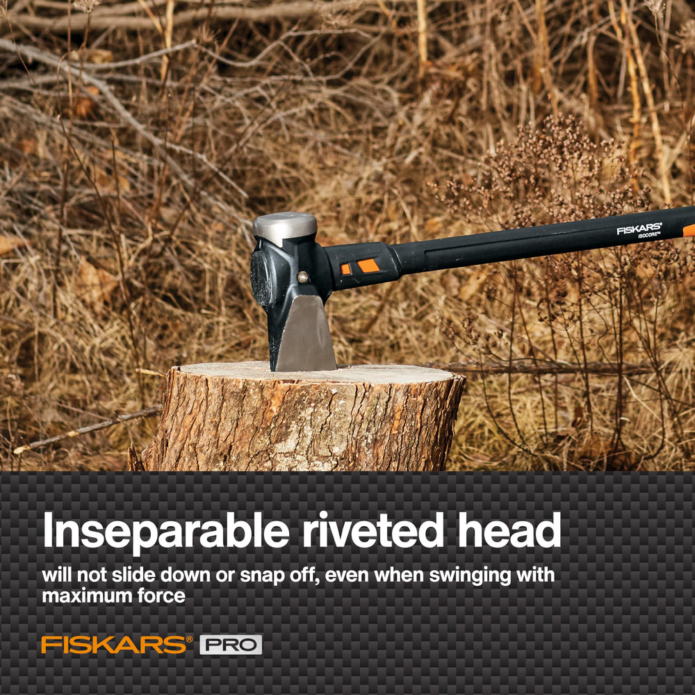 Fiskars forged steel head detail highlighting blade geometry for efficient splitting