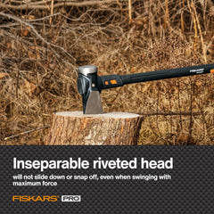 Fiskars forged steel head detail highlighting blade geometry for efficient splitting