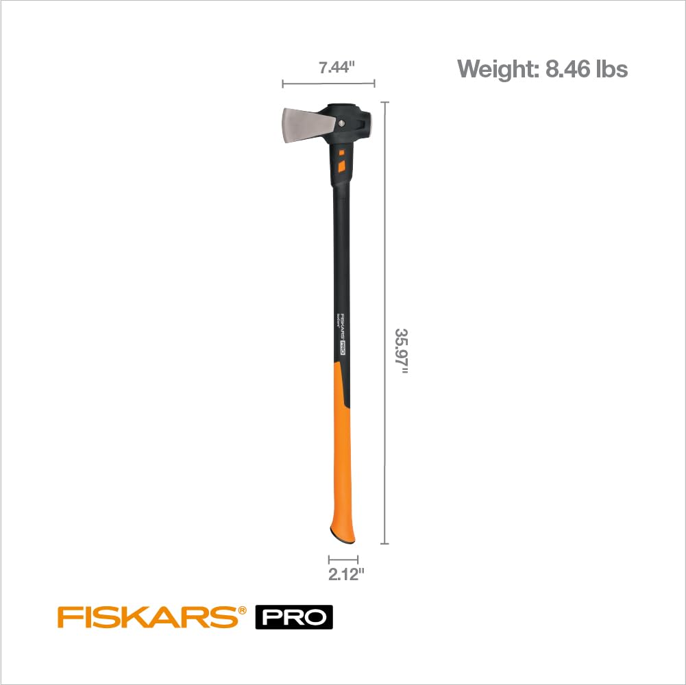 Fiskars maul beside stacked wood to show 36" length and leverage benefit