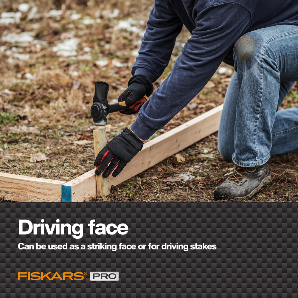 Fiskars maul beside ruler illustrating 14-inch length for portability