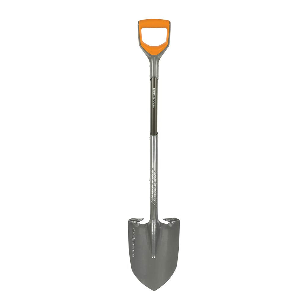Fiskars shovel front view showing robust blade and shaft, durable performance