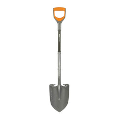 Fiskars shovel front view showing robust blade and shaft, durable performance