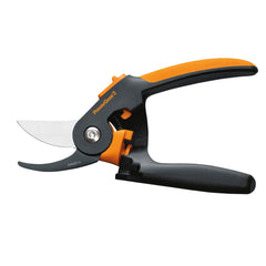 Fiskars pruner blade closeup showing hardened non-stick edge for clean cuts