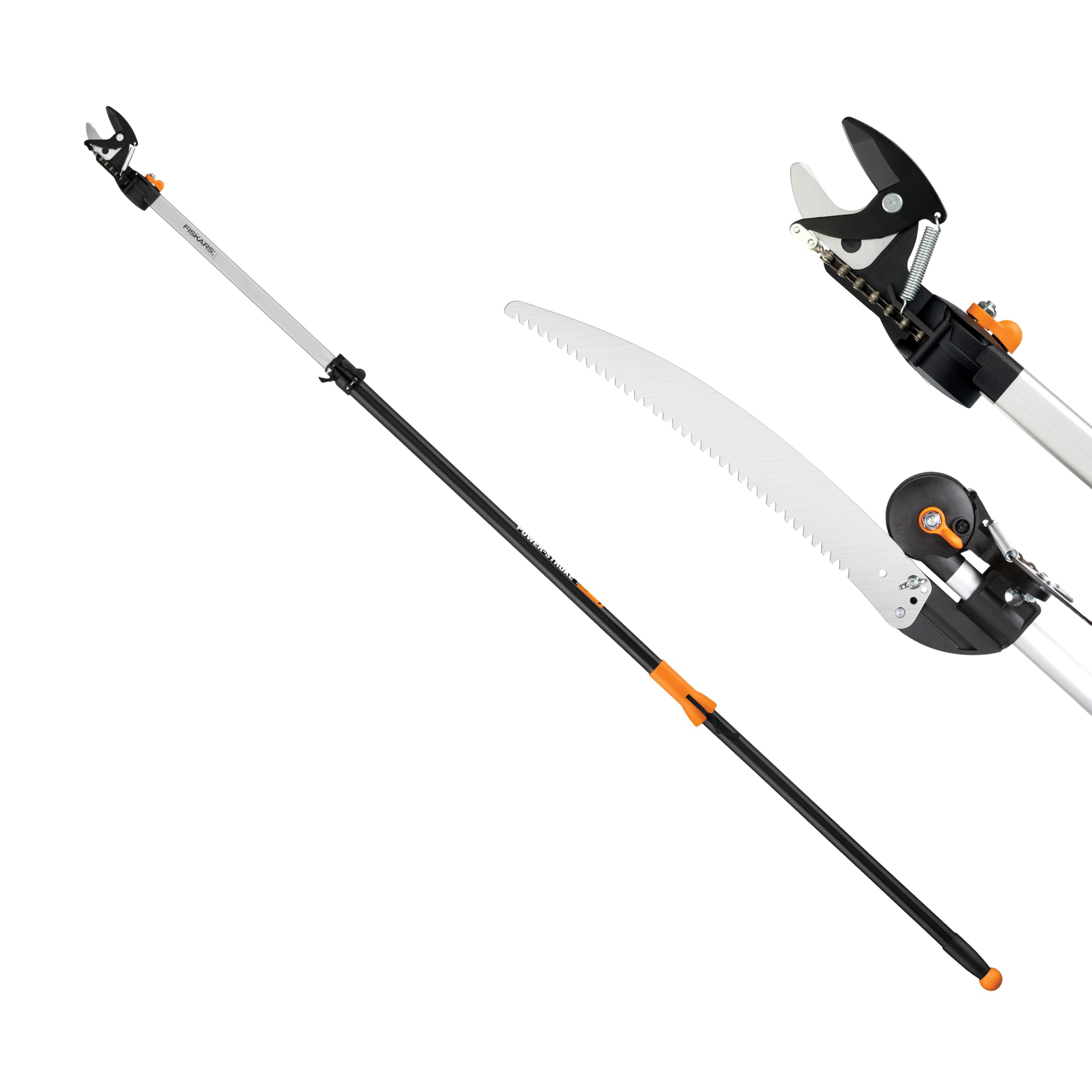 Fiskars pruner front overview showing lightweight pole and cutting head benefits