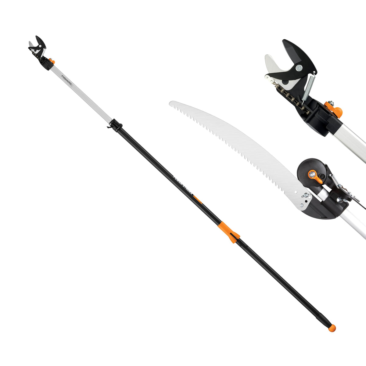 Fiskars pruner front overview showing lightweight pole and cutting head benefits