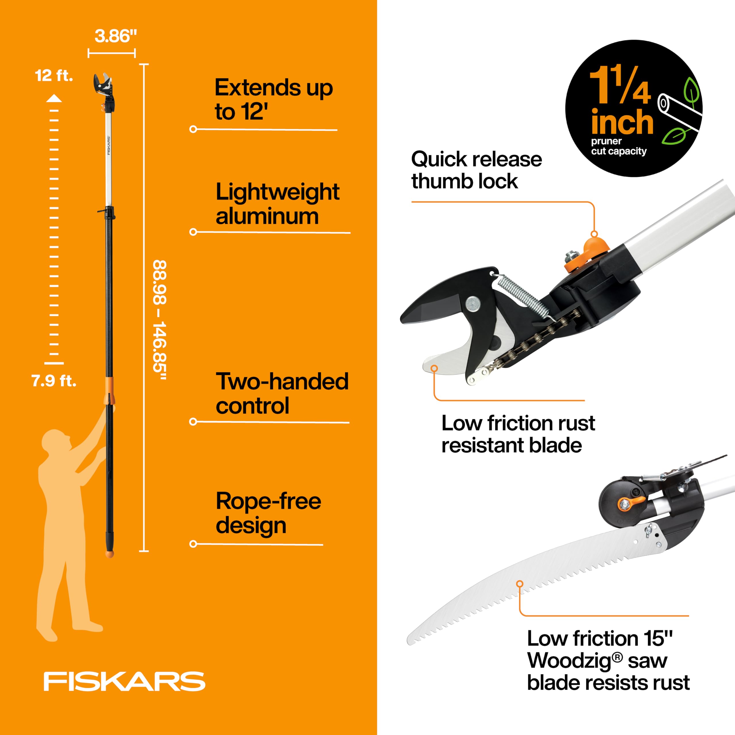 Fiskars pruner in use cutting a high branch for safer ladder-free trimming
