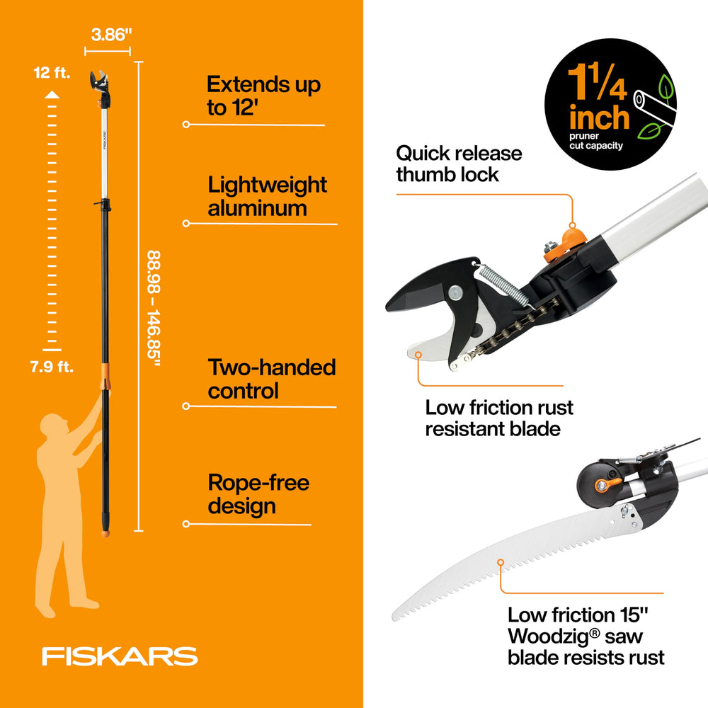 Fiskars pruner in use cutting a high branch for safer ladder-free trimming