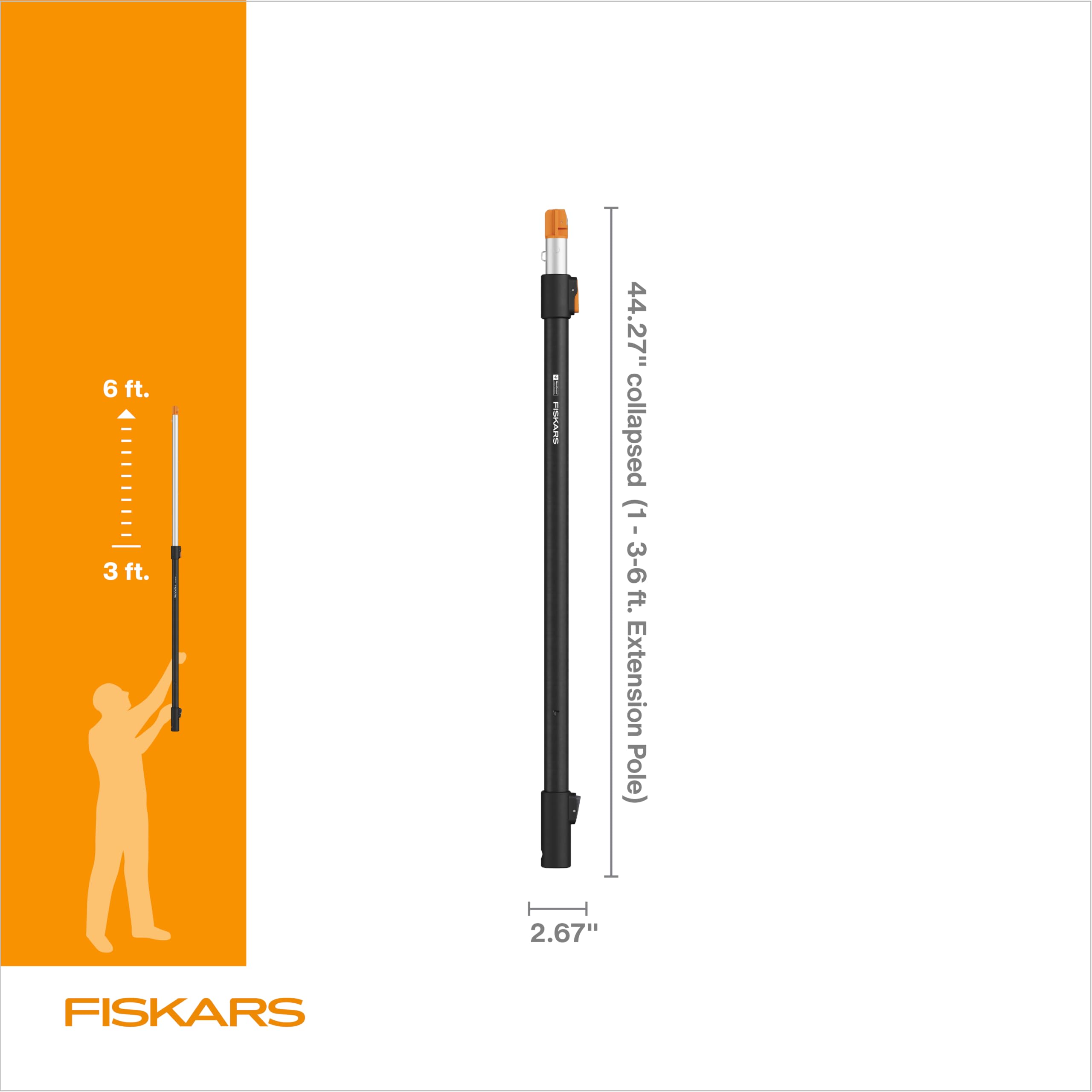 Fiskars pruner head attached to pole trimming high branch with reduced fatigue