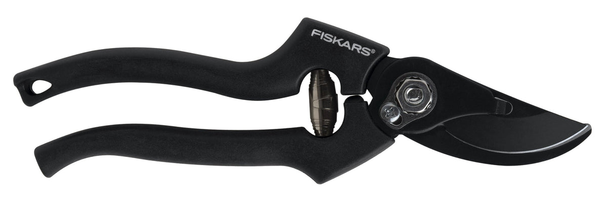 Fiskars front view of pruning shears showing ergonomic handles and clean design benefit comfort