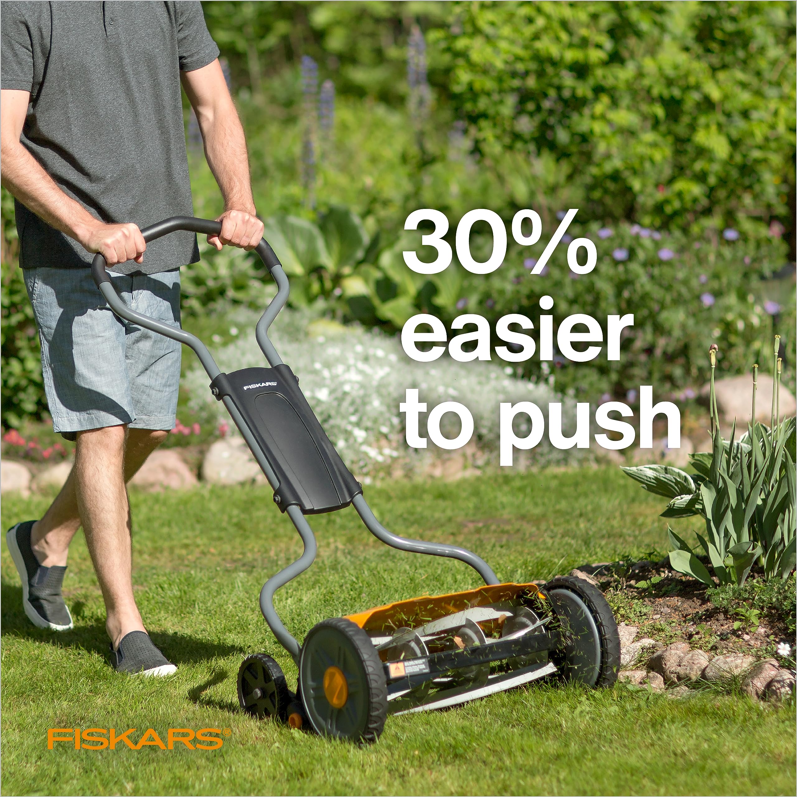 Fiskars reel and InertiaDrive detail illustrating twice the cutting power for thicker grass