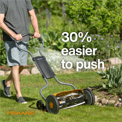 Fiskars reel and InertiaDrive detail illustrating twice the cutting power for thicker grass