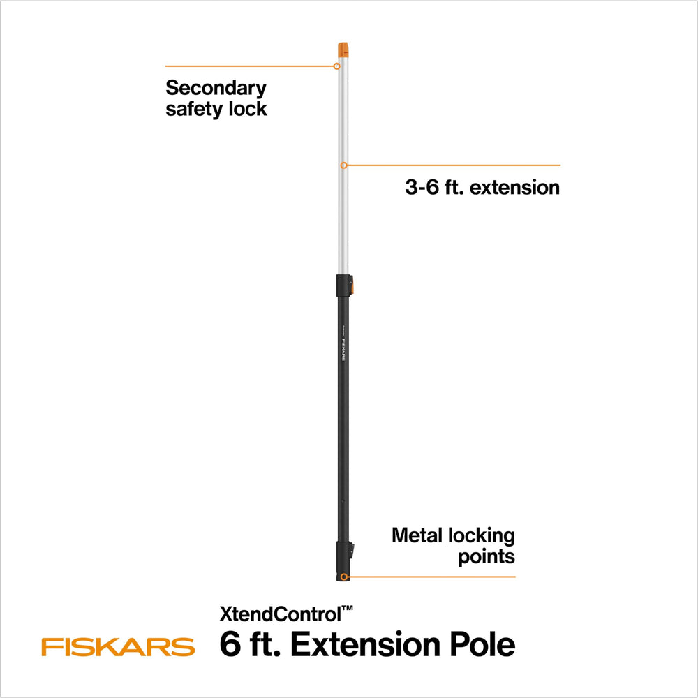 Fiskars pruner head connection detail demonstrating snap-fit pole compatibility and secure attachment