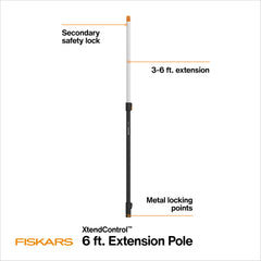 Fiskars pruner head connection detail demonstrating snap-fit pole compatibility and secure attachment