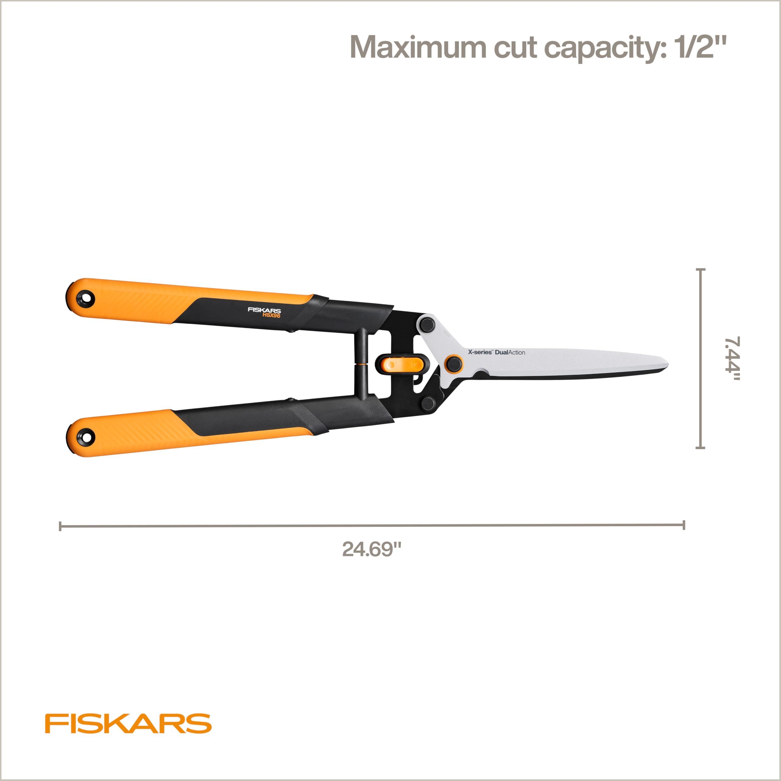 Fiskars shears beside hand showing 25-inch scale and leverage